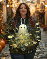 Plus Size Ghost in the Flowers Print Casual Long Sleeve Hoodie
